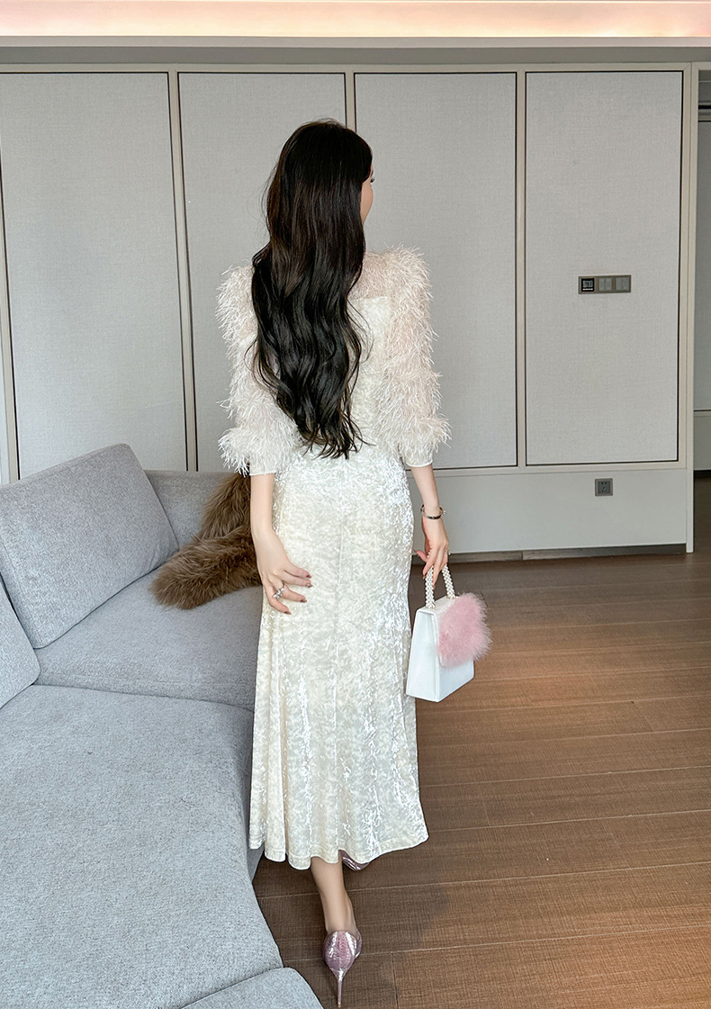 Đầm nữ dáng đuôi cá ôm eo tay phồng đính đá phối lông — Kem mơ, Hồng hoa hồng