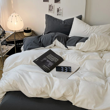 ins style solid color double-piece washed cotton bed four-piece set student dormitory bed sheet quilt cover fitted sheet three-piece set Wholesale