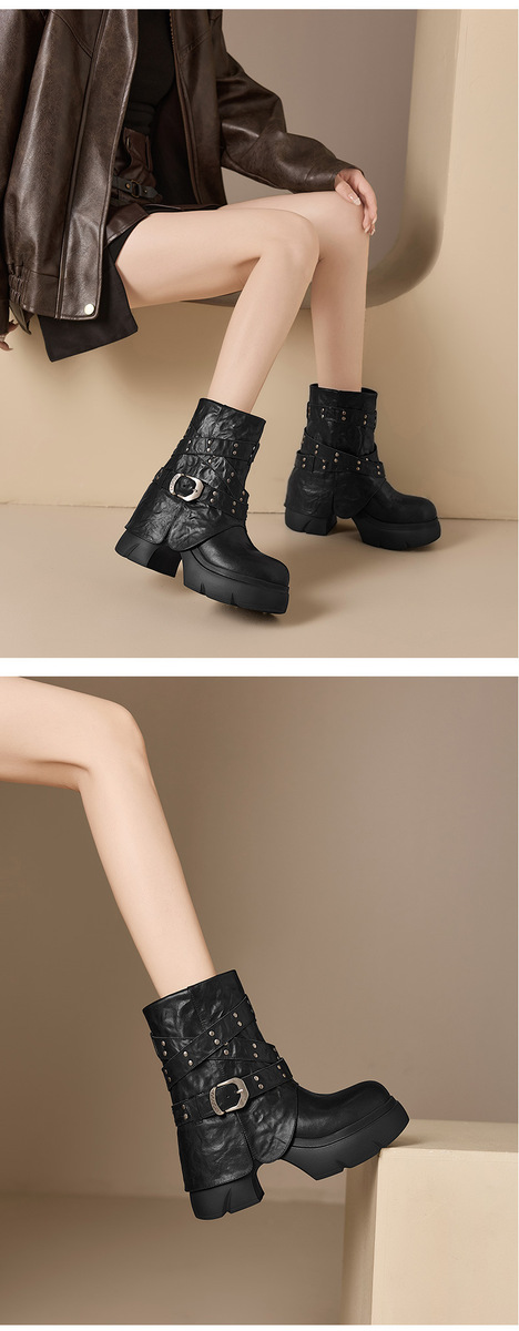 Boot Martin nữ cổ ngắn đế dày khóa thắt lưng gót thô đính đinh tán — Lớp lót đơn màu đen, Lớp lót đơn màu nâu, Lót nhung đen, Lót nhung màu nâu
