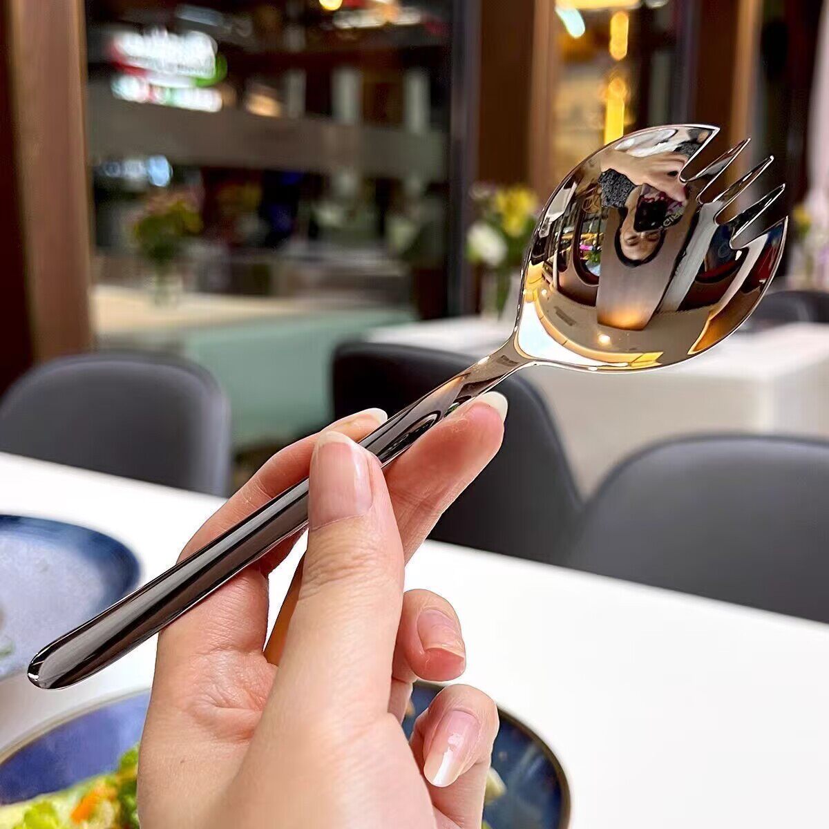 Stainless Steel Salad Spoon Creative Spoon and Fork Integrated Western Pasta Fork Instant Noodle Artifact Watermelon Spoon Cake Dessert Fork