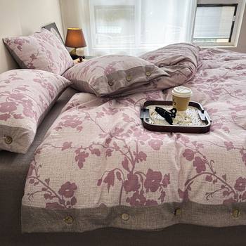 Class a Thickeneded High Weight Three-Piece Linen Retro Style Double-Layer Yarn Printed Button Four-Piece Bed Bed Sheets Quilt Cover