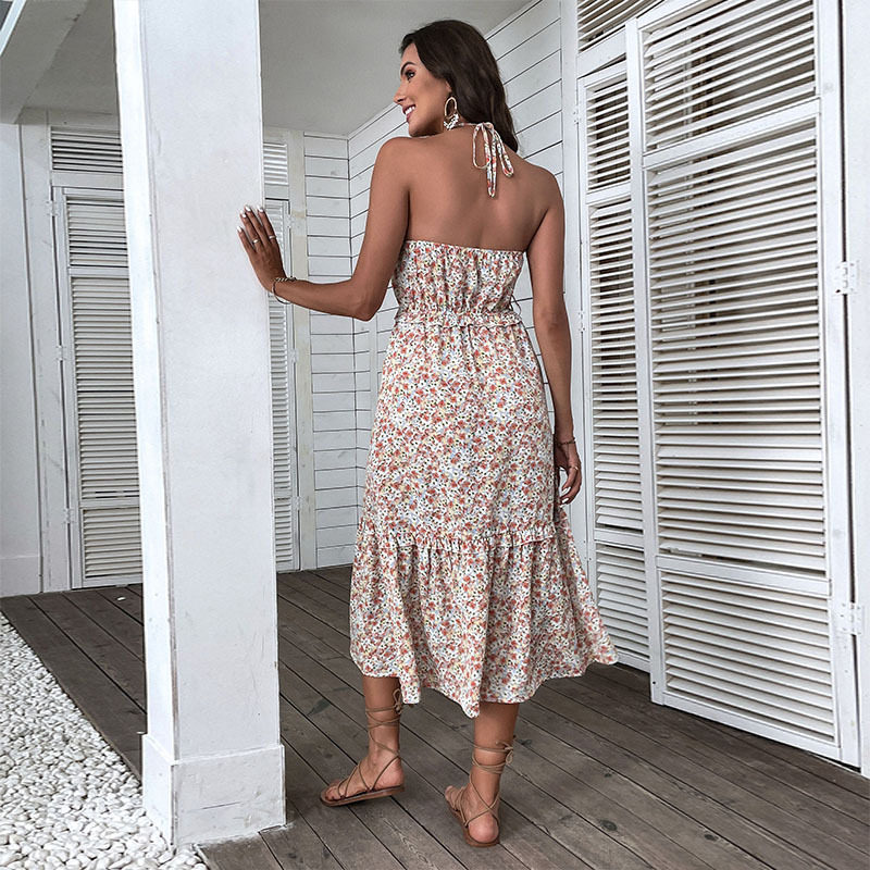 Floral Print Halter Dress Elegant Slim Fit Summer Style Perfect for Vacations and Casual Outings Wholesale Available