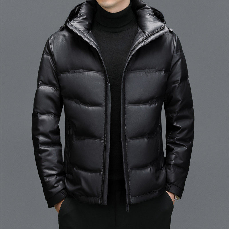 Haining men's sheepskin mid-length hooded white duck down casual down jacket warm real leather jacket winter