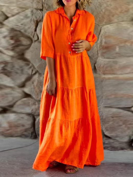 Womens Loose Fit Button Up Dress Solid Color Long Sleeve Collared Summer Casual Wear Wholesale Available