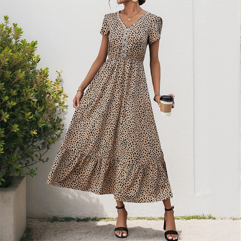 Elegant Leopard Print Maxi Dress with Lace Trim V Neck Flowy Silhouette Versatile Style Perfect for Parties or Casual