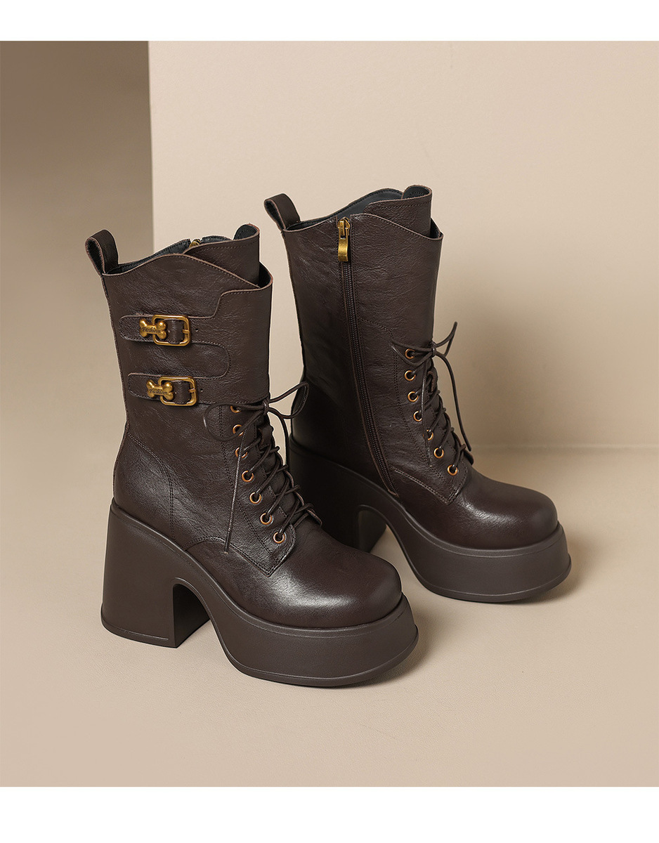 Boot Martin nữ da bò thật gót thô 10cm cổ trung khóa kéo bên hông — Lớp lót đơn màu đen, Lớp lót đơn màu kaki, Lớp lót đơn màu nâu, Lót nhung đen