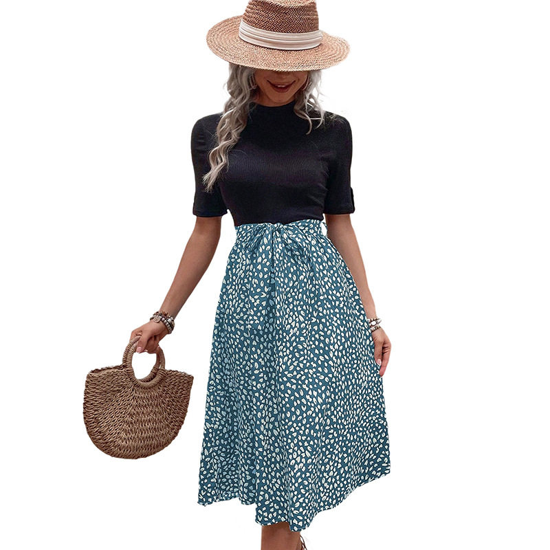 Summer Elegant Color Block Leopard Print Dress Half High Neck Fresh Style Versatile for Casual or Party Wholesale