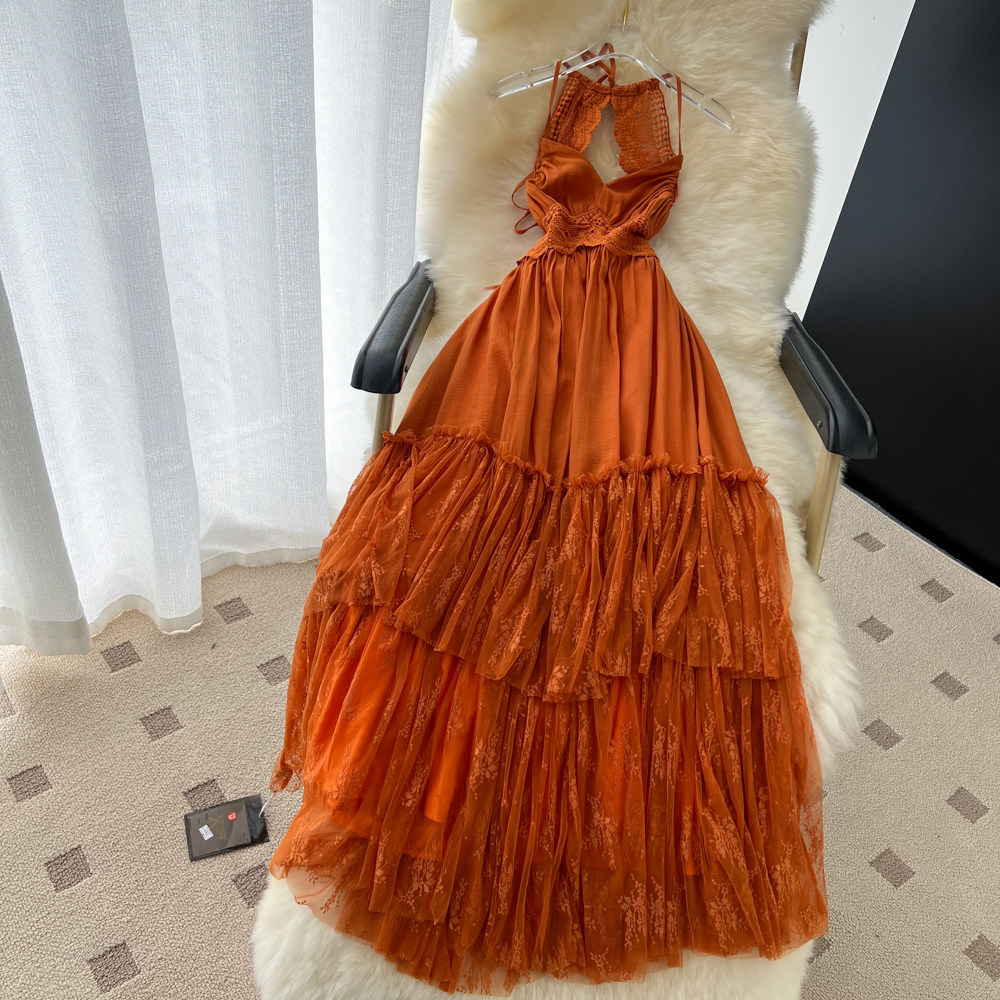 Lace Trim Backless Summer Dress Slim Fit Waist Defined Flowy Maxi Perfect for Vacations and Special Occasions