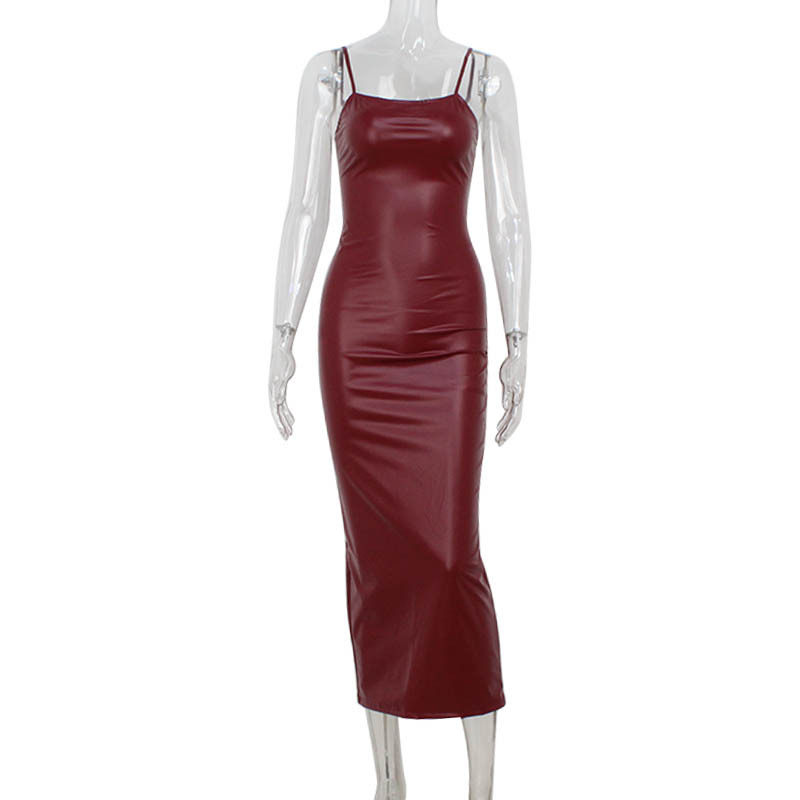 Vintage Burgundy PU Leather Bodycon Dress Spaghetti Straps High Slit Elegant Style Perfect for Parties and Special