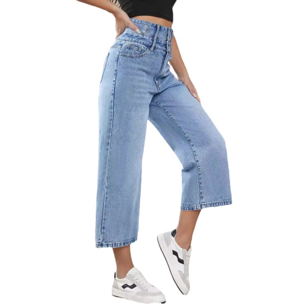High Waisted Wide Leg Jeans Straight Cut Cropped Length Denim Fabric Casual Wear for Women Wholesale Available