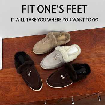 Tassel Buckle Beaver Fur Lp Old Money Style Slip-On Toe Half-Slip Outer Wear Fleece-Lined Mule Flats Fur Slippers for Women