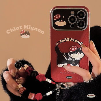 Ins Red Cartoon Cat Suitable for 16Pro Max Apple Phone Case Iphone15 Leather Cartoon 17 Lanyard