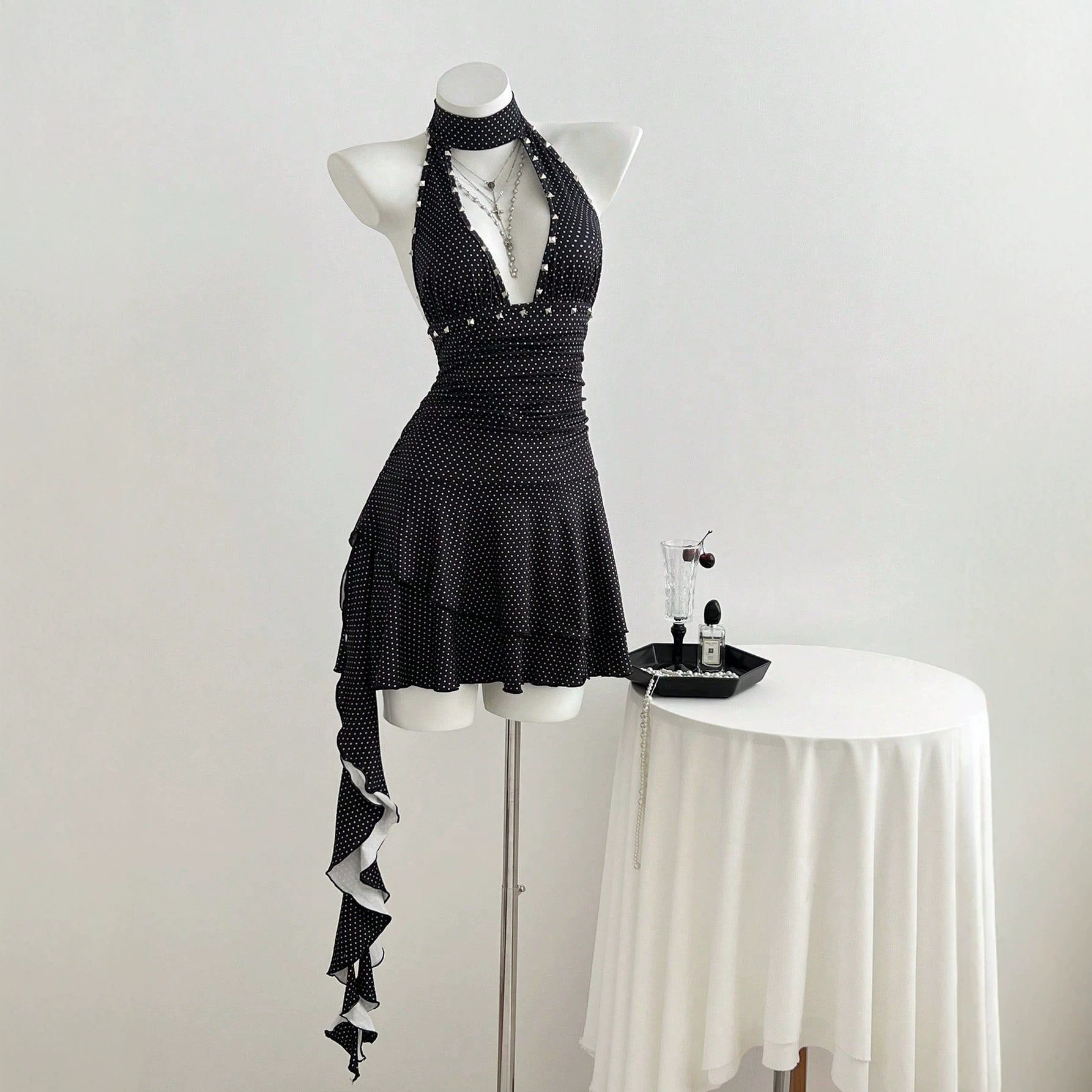 Polka Dot V Neck Halter Dress Slim Fit Waist Defining Elegant Style Perfect for Parties and Events Ready to Ship