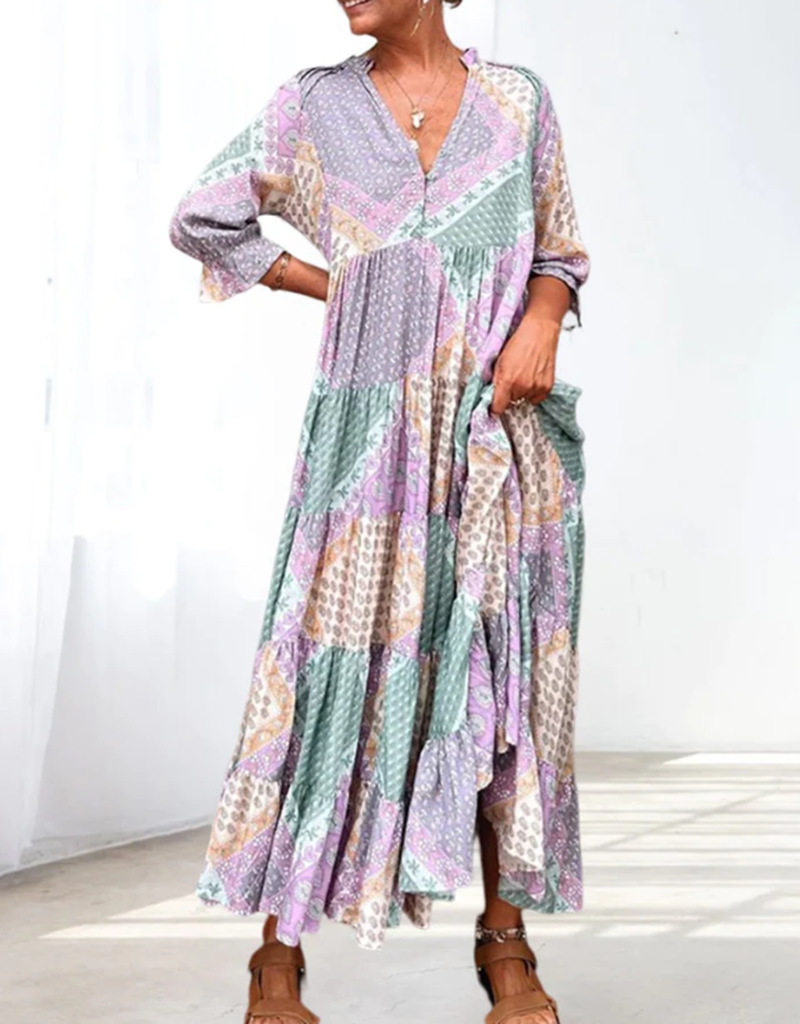V Neck Color Block Casual Maxi Dress Summer Style Loose Fit Comfortable Fabric Wholesale Available