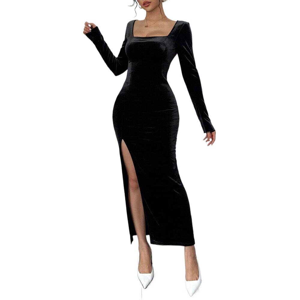 Velvet Maxi Dress High Waist Sexy Split Long Sleeve Square Neck Spring Summer Fashion Wholesale Available