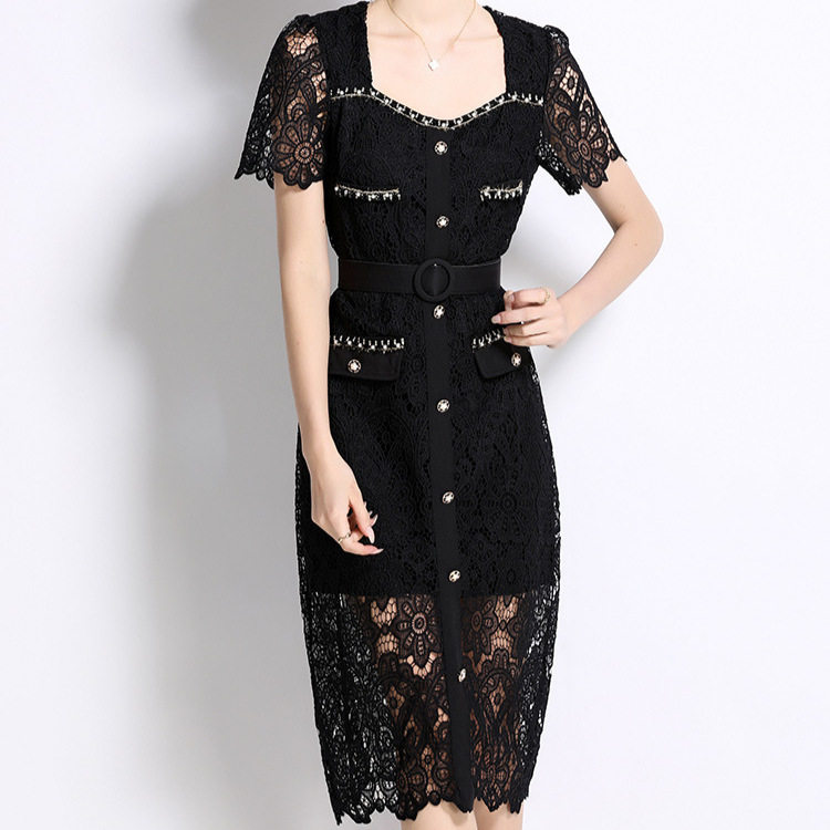 French Style Summer Dress Elegant Fitted Design Square Neck Beaded and Rhinestone Embellishments Mid Length Lace