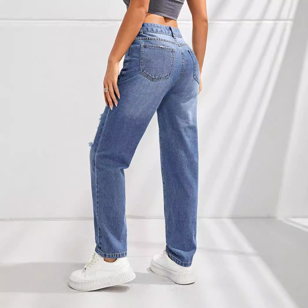 Womens Casual Slim Fit Ripped Straight Leg Jeans Comfortable Denim Fabric Perfect for Everyday Wear Wholesale Available