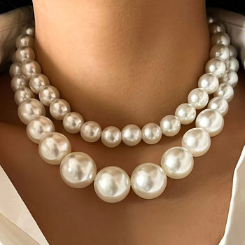 European and American Cross-Border Hot-Selling Retro Exaggerated Clavicle Imitation Pearl Beaded Elegant Simple Style Double-Layer Necklace Set