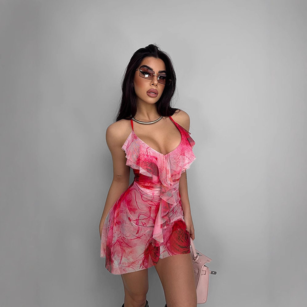 Summer Beach Vacation Womens Dress High Waist A Line Ruffled Hem Floral Print Sheer Fabric Perfect for Casual