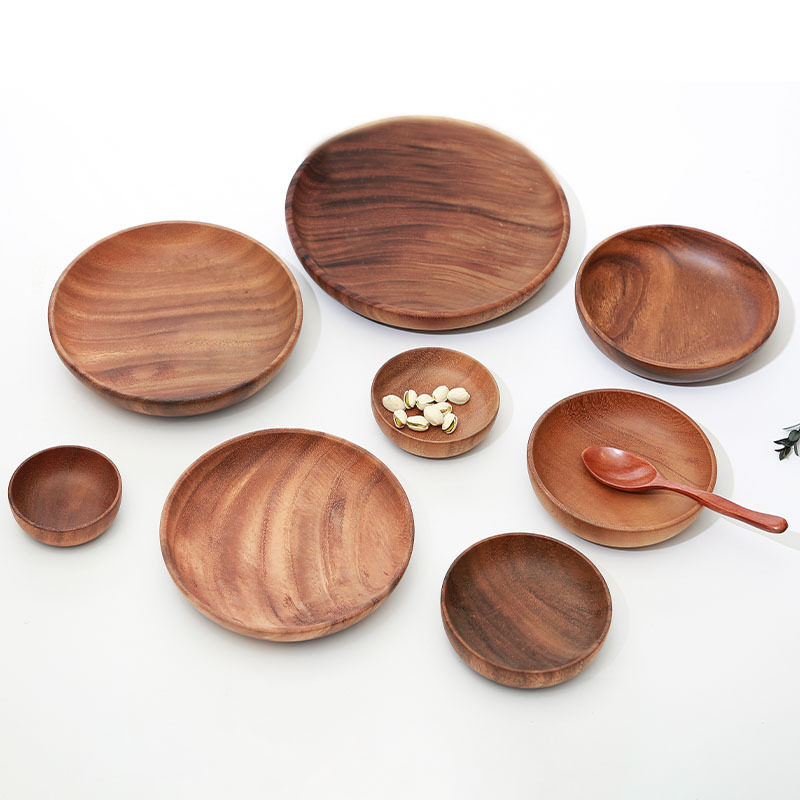 Japanese-style solid wood round plate creative fruit plate acacia wood household plate multi-specification melon and fruit dessert wooden plate carving