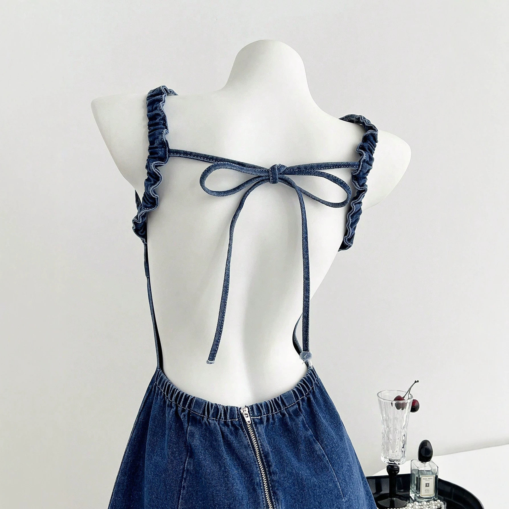 Summer Denim Dress Sexy Backless Design with Bow Tie Casual Wear for Women Ready to Ship bulk order