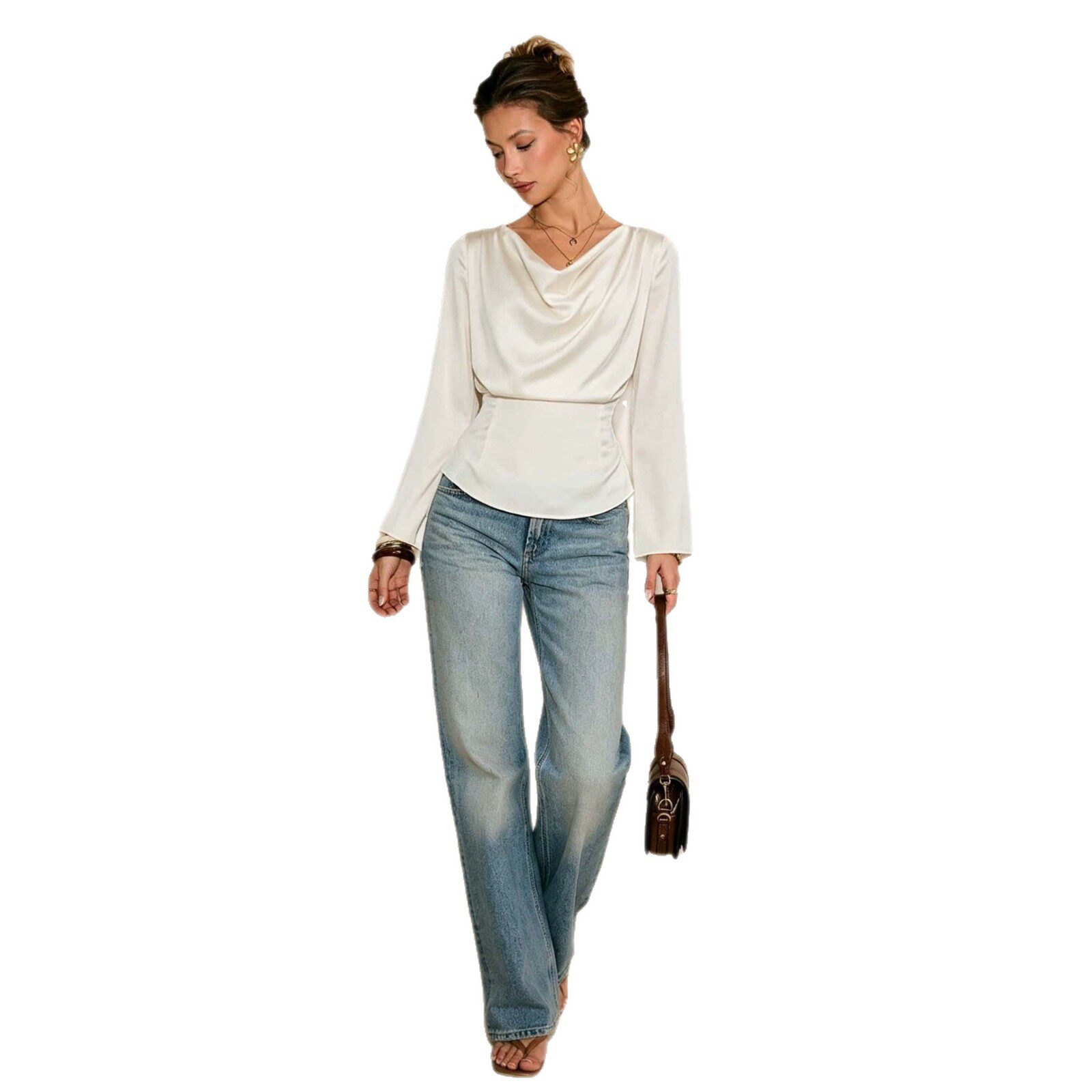 Satin Long Sleeve Blouse for Women V Neck Waist Tie Slim Fit Elegant Style Perfect for Casual or Formal Occasions