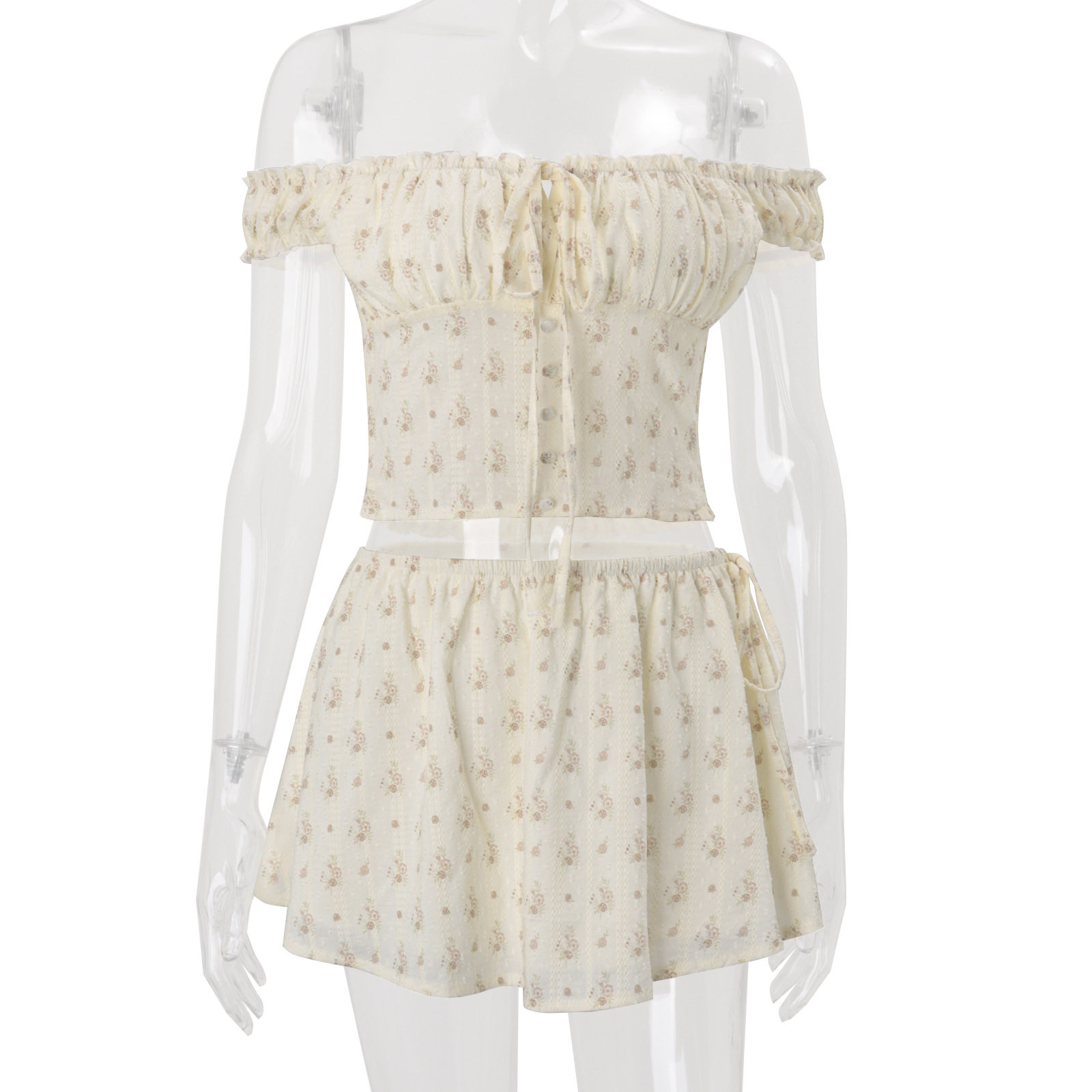Spring Womens Floral Print Top and A Line Skirt Set Sweet Style Off Shoulder Neckline Slim Fit Perfect for Casual
