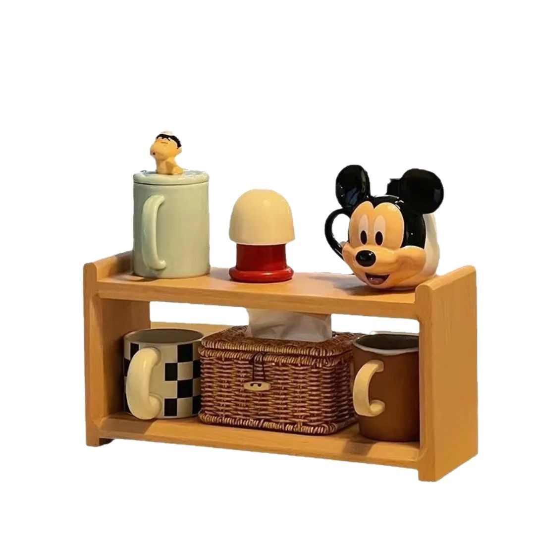 Wooden Storage Rack Nordic Japanese Style Desktop Solid Wood Storage Household Double-Layer Tea Set Coffee Cup Multi-Functional Storage