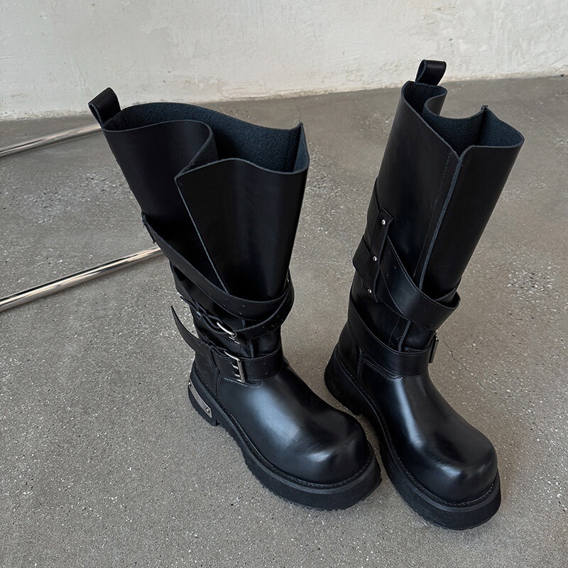 Boot nữ cổ cao da bò khóa thắt lưng đế dày — Màu đen