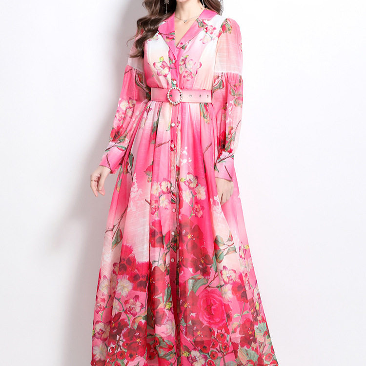 Elegant Womens Long Dress Spring Floral Print Waist Defined Lantern Sleeves Suit Collar Perfect for Formal