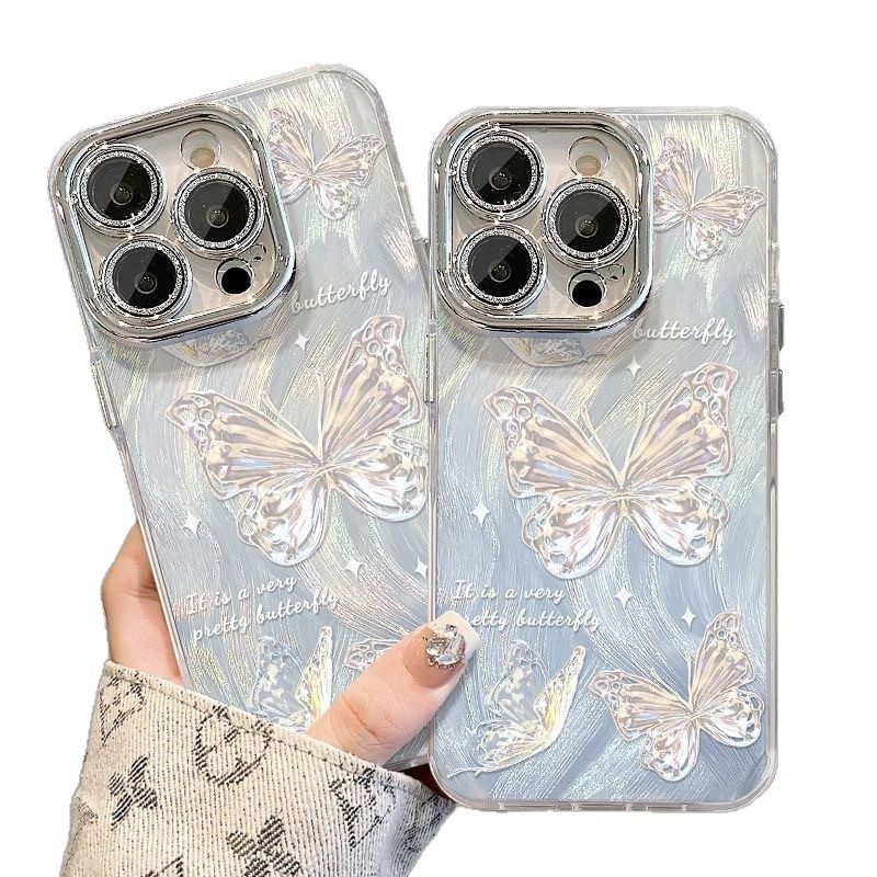 Silver Butterfly Suitable for Apple 16Promax Mobile Phone Case Female Iphone15 Lens Film All-Inclusive 14Pro Feather Yarn