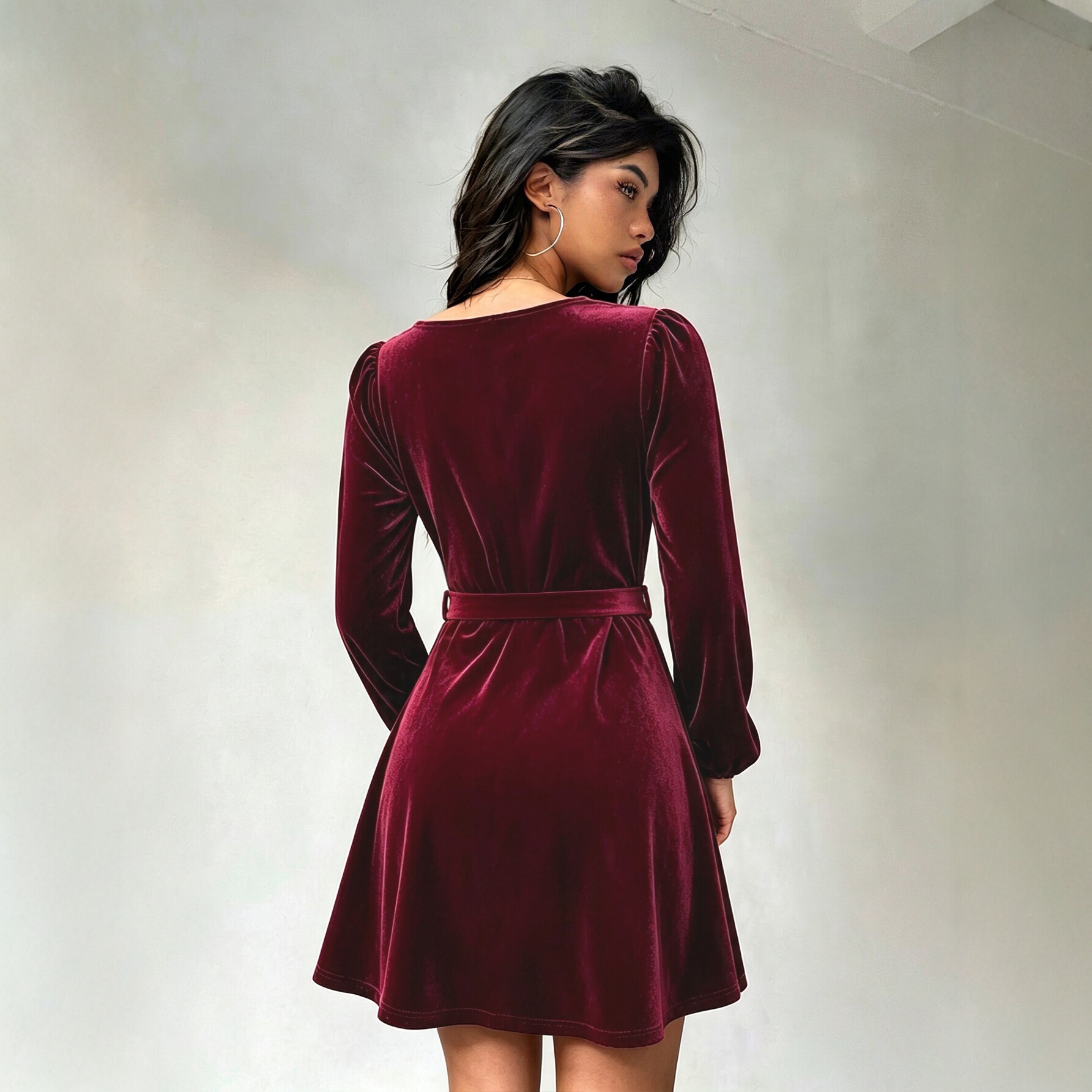 V Neck Velvet Dress for Women Tie Waist Slim Fit Puff Sleeves A Line Short Skirt Perfect for Parties and Events