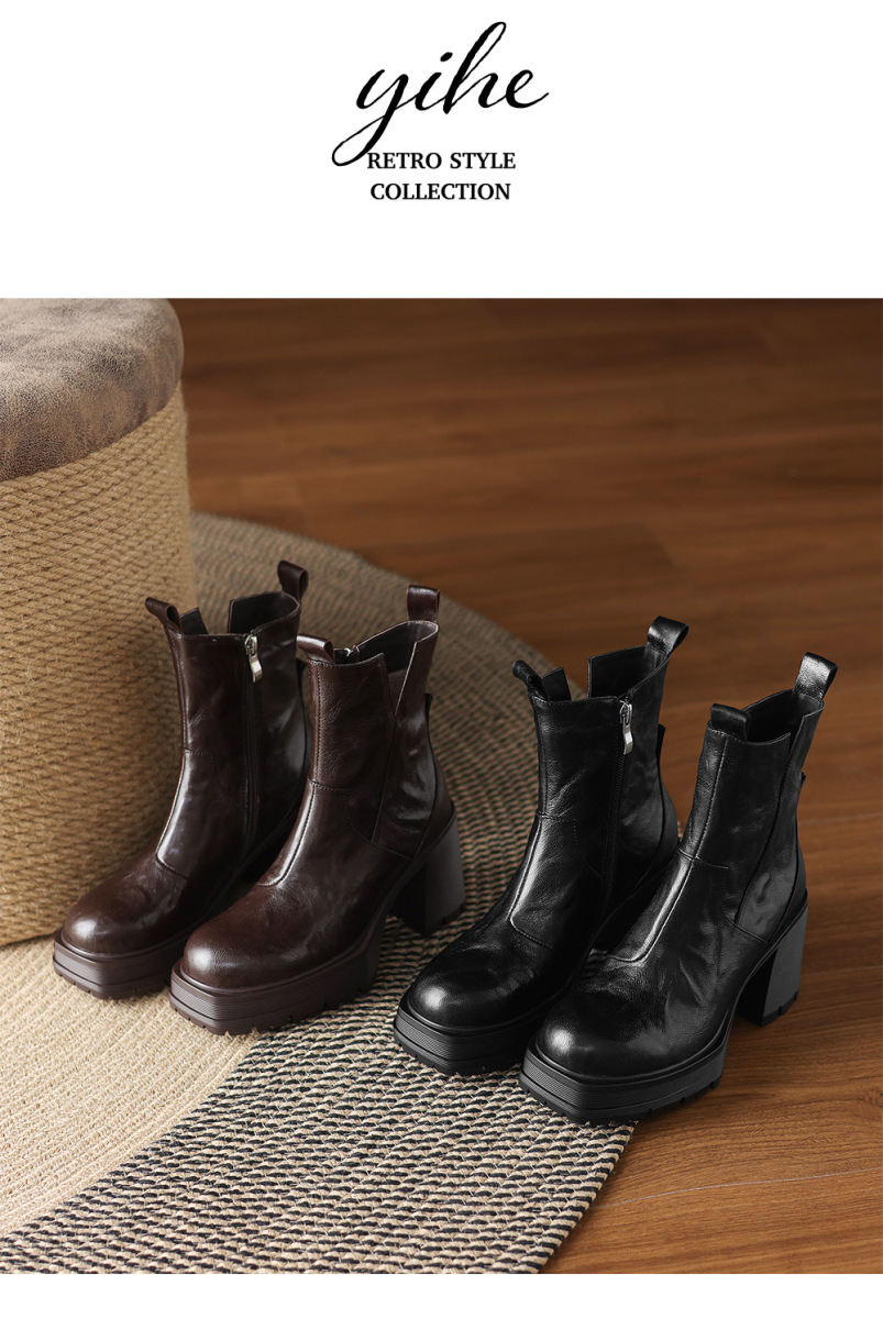 Boot Chelsea nữ gót cao đế dày mũi vuông lót lông cổ V — Lớp lót đơn màu đen, Lớp lót đơn màu nâu