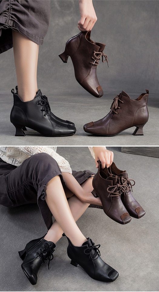 Boot Nữ Da Bò Cổ Lửng Gót Vuông Chiều Cao Đế Khoảng 5cm Màu Đen, Nâu chi tiết 9