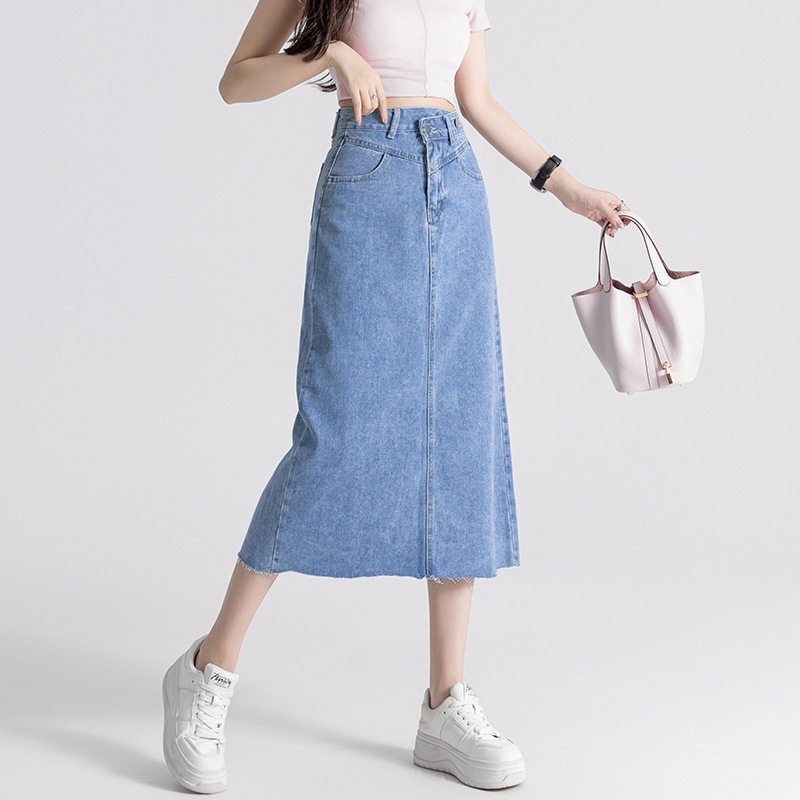 Fashionable High Waisted Denim Midi Skirt for Women Vintage Split Design A Line Silhouette Slim Fit Summer Casual