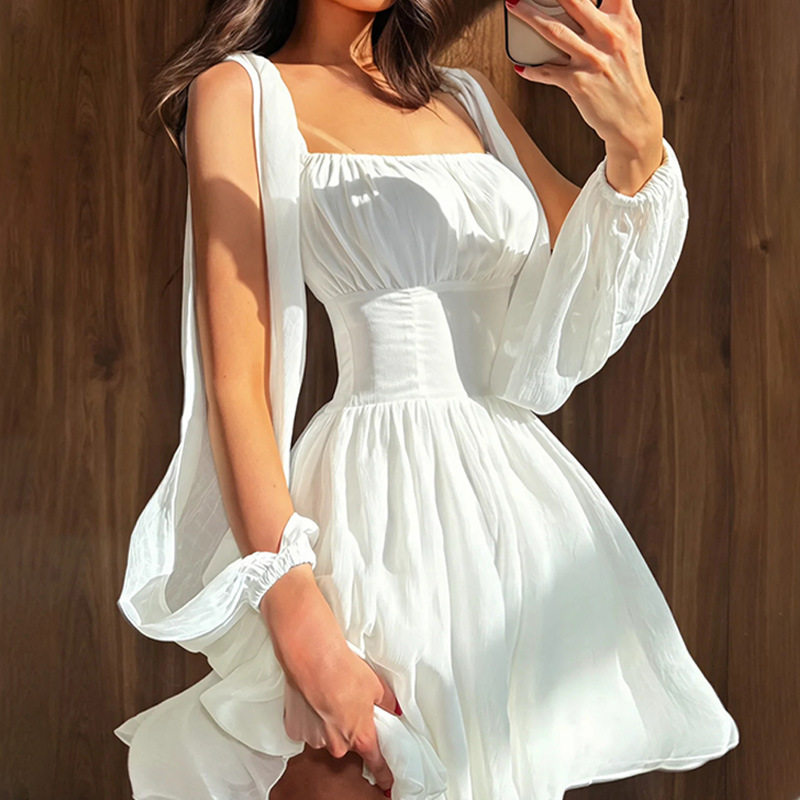 Solid Color Square Neck Off Shoulder Dress Hollowed Long Sleeves Waist Cinching A Line Silhouette Elegant Casual Wear