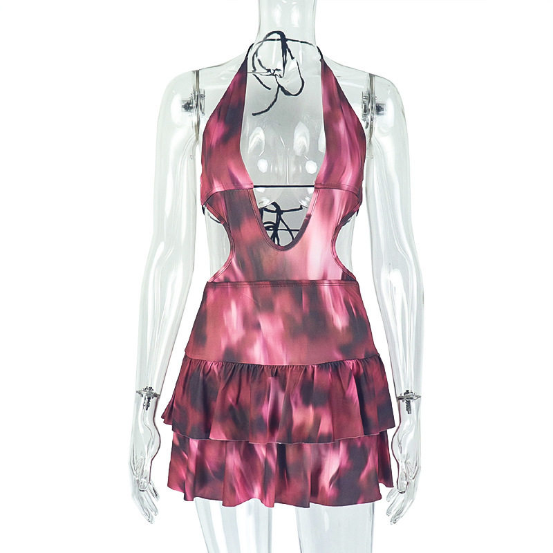 Backless Floral Print Halter Neck Mini Dress Slim Fit Cake Style Fresh Design Perfect for Vacation Wholesale