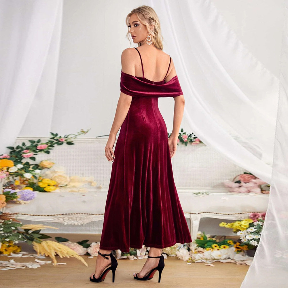 Velvet Long Dress Off Shoulder High Slit Elegant Versatile Evening Wear for Women Wholesale Available