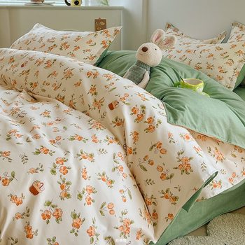 Fresh and Simple Thickened Brushed Four-Piece Bedding Set, Washed Cotton Student Dormitory Three-Piece Single Product Duvet Cover Wholesale