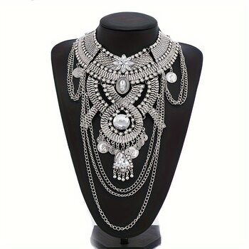Fashion Retro Carved 8-character Large Exaggerated Tassel Multi-layer Diamond Necklace Women Casual Party Short Collar