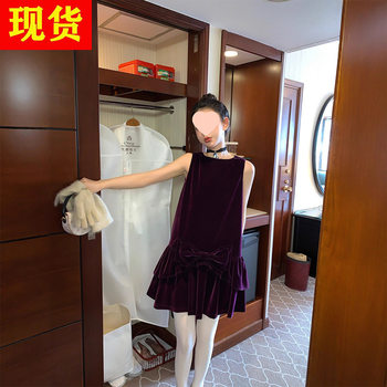Zhou Meimei Dark Night Purple Festive Elegant Bow Velvet Vest Dress