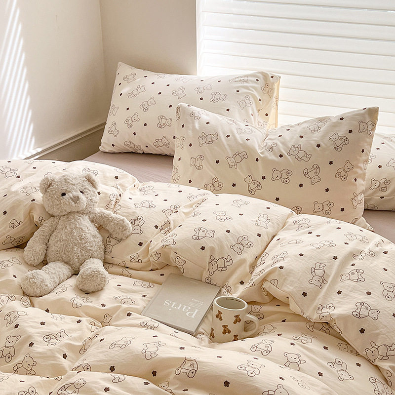 Class A Double-layer Yarn Four-piece Set Student Dormitory Bedding Cartoon Cute Quilt Cover Bed Hat Cotton and Linen Three-piece Set