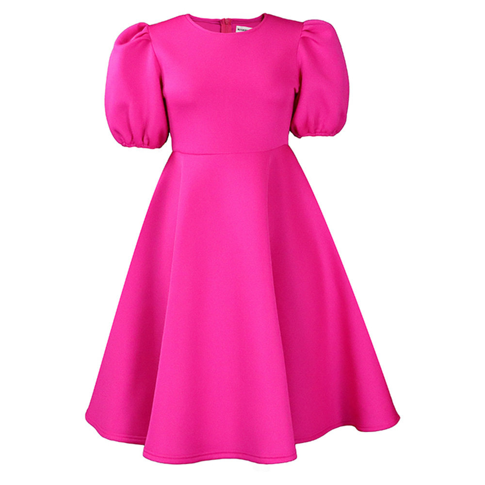 A Line Dress Round Neck Puff Sleeves Waist Defined Flowy Hem Elegant Evening Wear Wholesale Available