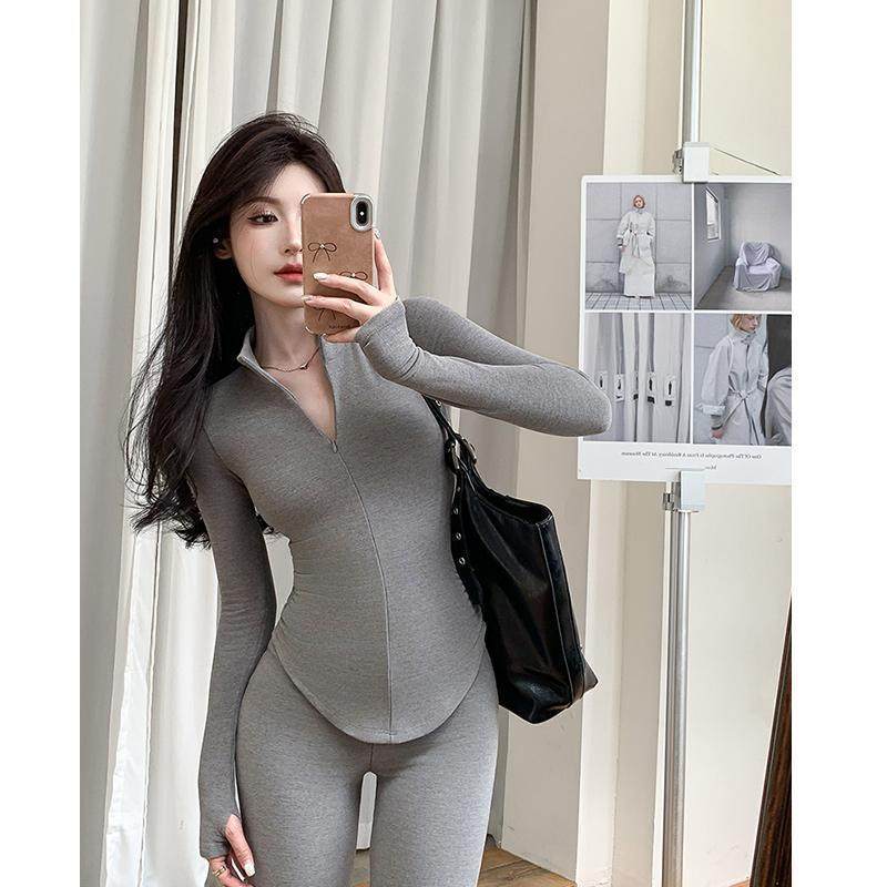 Casual Hot Girl Tight-Fitting Long-Sleeved Bottoming Shirt Top Flared Pants Two-Piece Suit for Women Spring Outfit Complete Set for Women