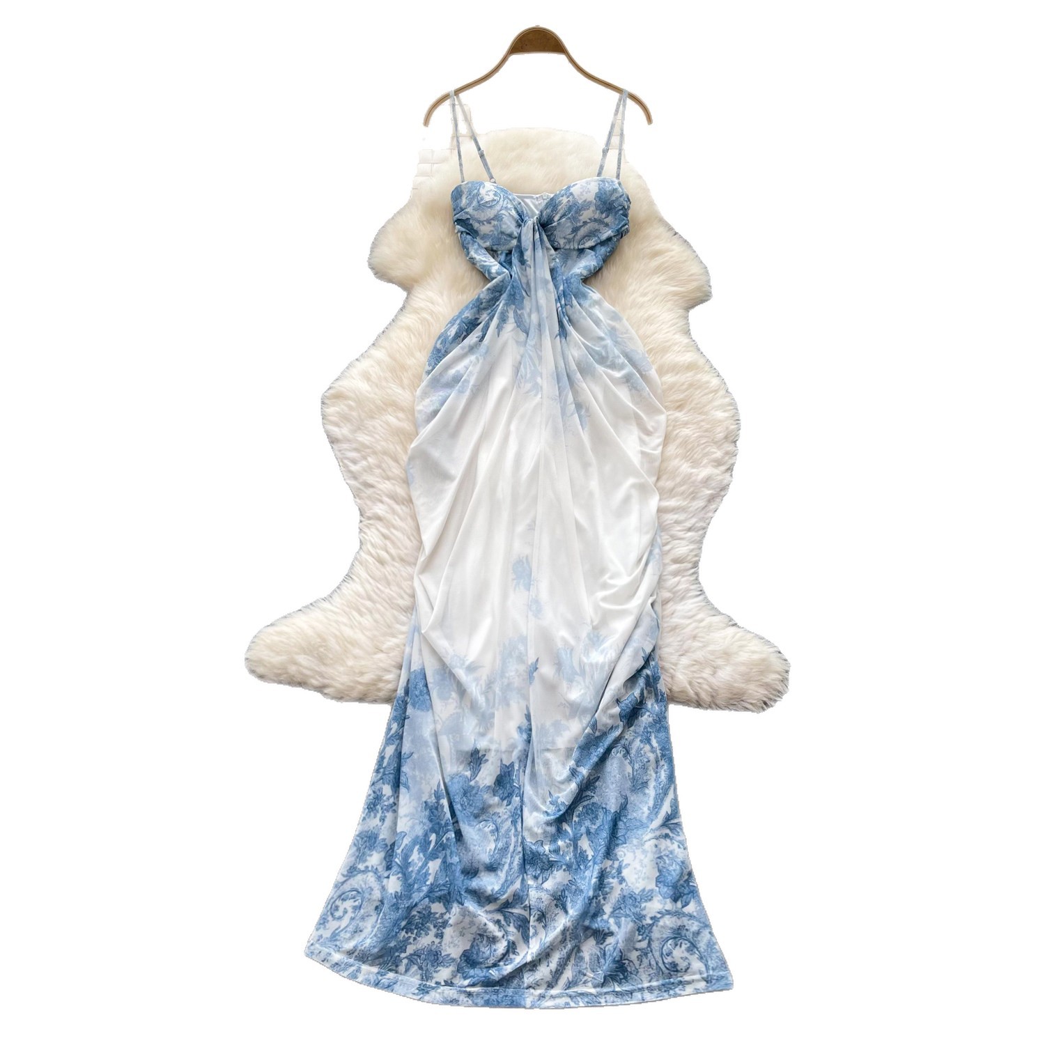 Floral Print Maxi Dress Blue and White Porcelain Design Irregular Hem Waist Cinching Elegant Style Perfect for