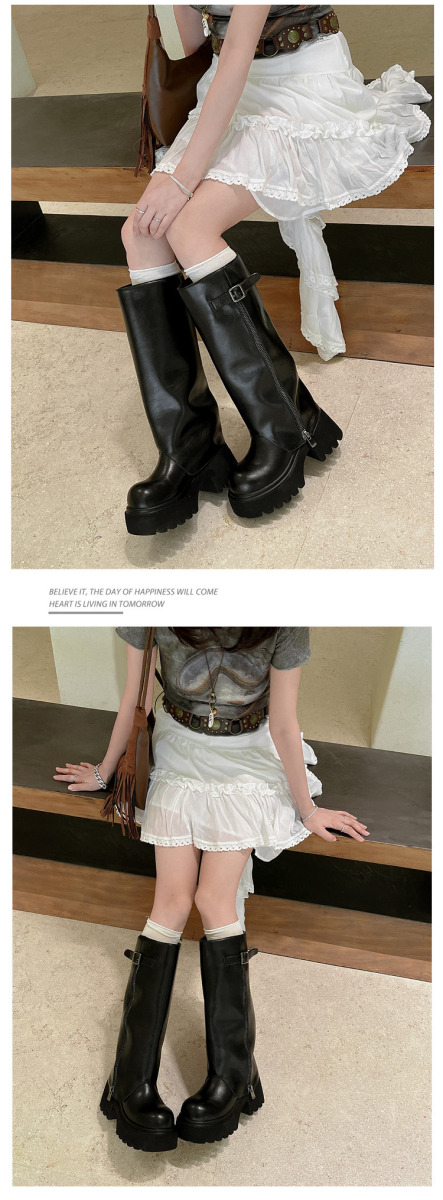 Boot nữ cổ cao gót dày đầu tròn khóa kim loại — đen, màu nâu