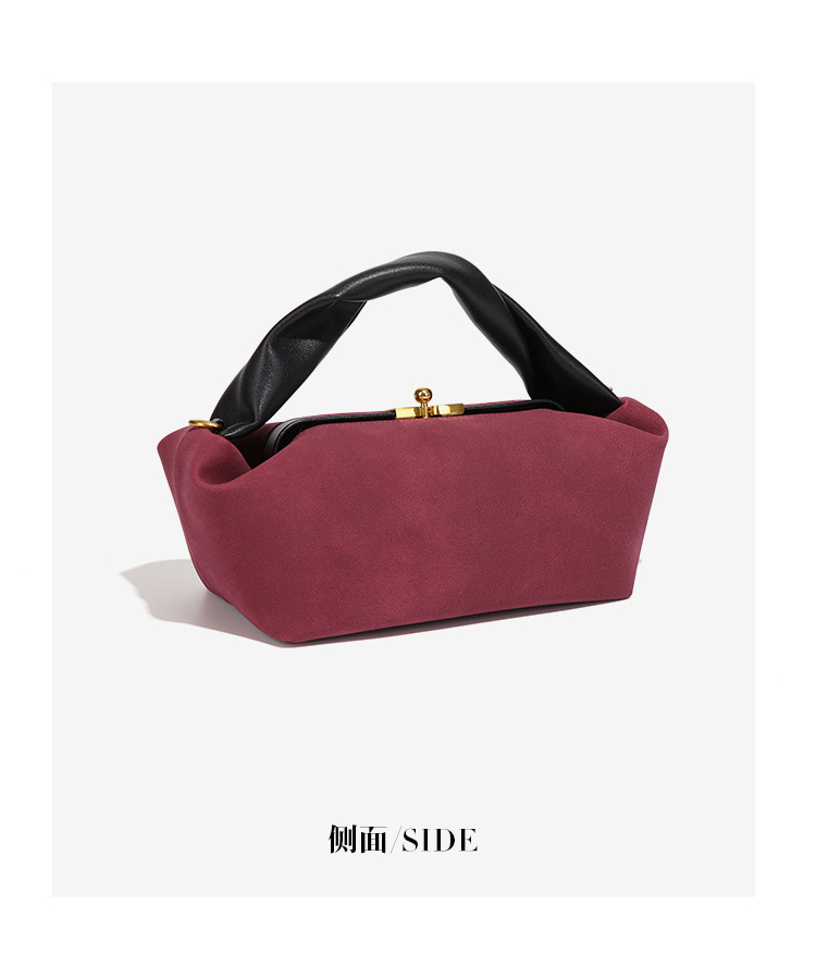 Túi xách tay nữ mini dáng bánh bao chất liệu da lộn mềm, túi đeo chéo một vai phong cách thanh lịch — Nhà máy riêng, có thể tùy chỉnh theo yêu cầu., Y2864 # Đỏ Bordeaux/Đen, Y2864 # Sô cô la/Đen, Y2864 # Xám ấm/Đen