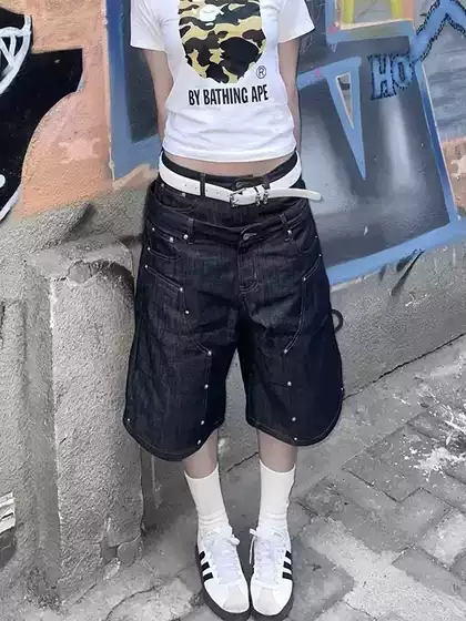 American-Style Lumberjack Double-Waist Denim Shorts for Men and Women, Summer Thin Streetwear Loose Workwear Shorts, Trendy Five-Point Shorts