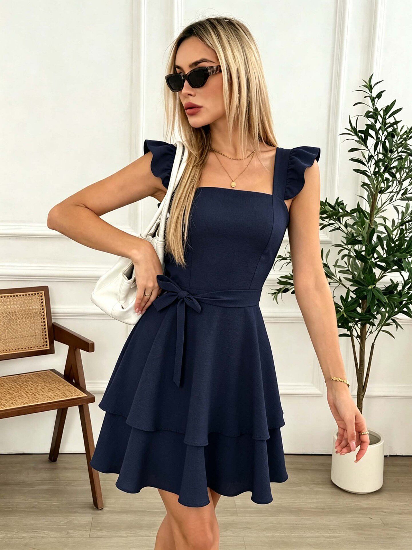 Ruffled Sleeve A Line Dress Square Neck Waist Tie Double Layer Backless Perfect for Summer Parties Wholesale