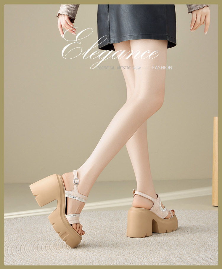 Sandal cao gót nữ hở mũi đế platform 12 cm, quai ngang đính đá — Xám, Áo khoác sáng, Bạc chi tiết 1